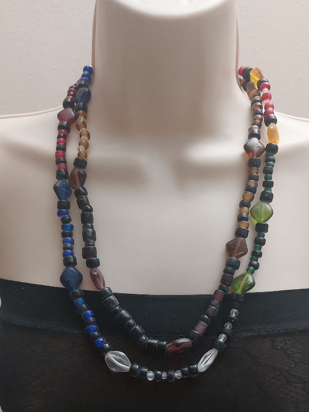 Vtg Old Stock India Bright Multicolor Recycled Glass Beads Extra Long Necklace